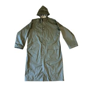 Helly Hansen Long Rain Jacket Mens M Army Green Hooded Workwear PVC Zip Snap